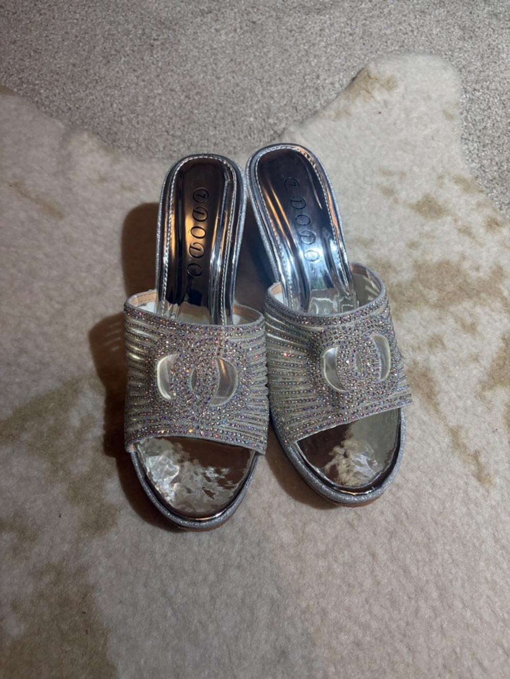 Silver Crystal Slide Mules with Decorative Emblem